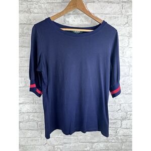 Lauren Ralph Lauren Size Large Knit Top 100% Cotton‎ Navy Blue Nautical Coastal